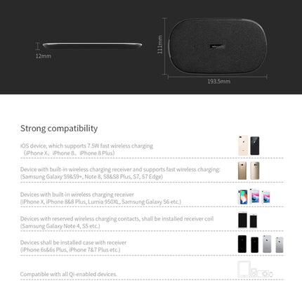 NILLKIN MC031 Gemini Dual Wireless Faster Charger QI Standard Smart Recognition 5/7.5/10W, For iPhone / Samsung / Nokia other QI Standard Smart Phones(Black)-garmade.com