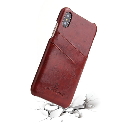 Fierre Shann Retro Oil Wax Texture PU Leather Case for iPhone X / XS, with Card Slots(Brown)-garmade.com