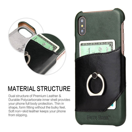 Fierre Shann For iPhone X / XS Color Matching Genuine Leather Back Cover Case With 360 Degree Rotation Holder & Card Slot(Green)-garmade.com