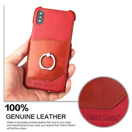 Fierre Shann For iPhone X / XS Color Matching Genuine Leather Back Cover Case With 360 Degree Rotation Holder & Card Slot(Red)-garmade.com