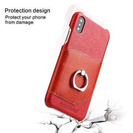 Fierre Shann For iPhone X / XS Color Matching Genuine Leather Back Cover Case With 360 Degree Rotation Holder & Card Slot(Red)-garmade.com