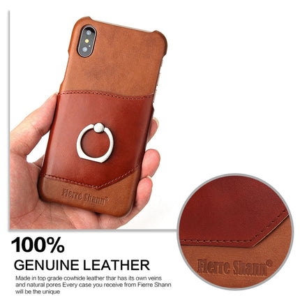Fierre Shann For iPhone X / XS Color Matching Genuine Leather Back Cover Case With 360 Degree Rotation Holder & Card Slot(Brown)-garmade.com