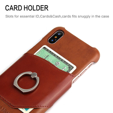 Fierre Shann For iPhone X / XS Color Matching Genuine Leather Back Cover Case With 360 Degree Rotation Holder & Card Slot(Brown)-garmade.com