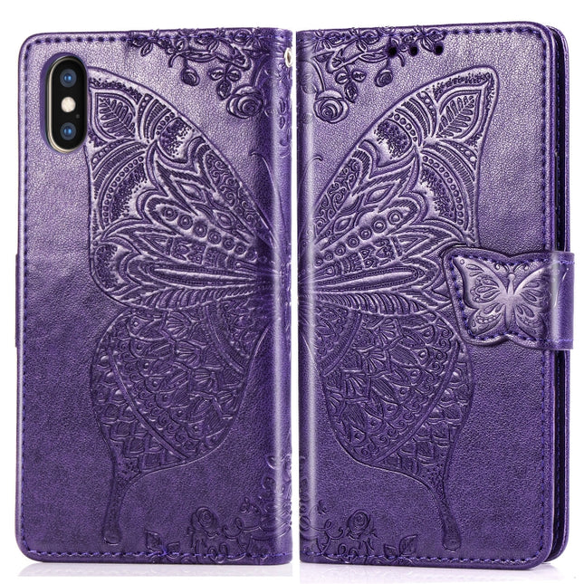 Butterfly Love Flowers Embossing Horizontal Flip Leather Case for iPhone XS Max, with Holder & Card Slots & Wallet & Lanyard (Dark Purple)-garmade.com