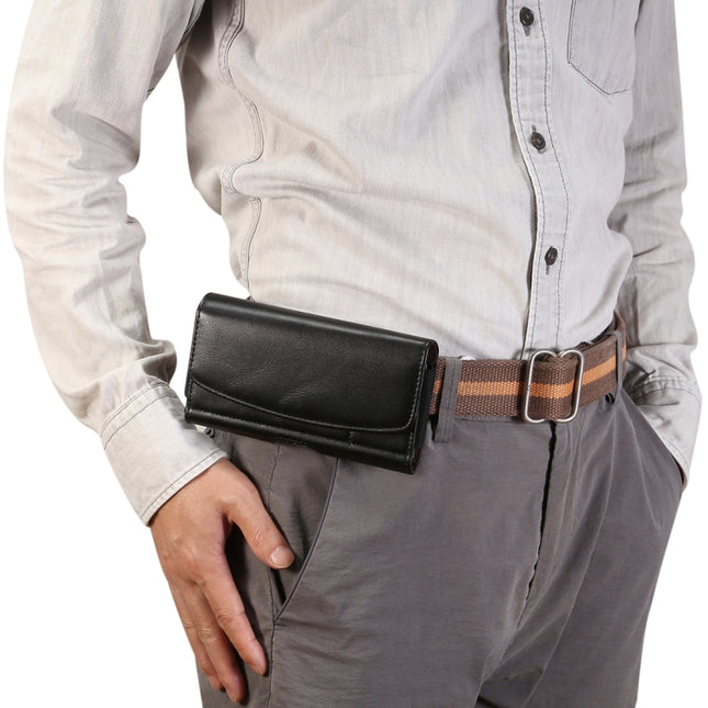 Lambskin Elastic Band Men 5.7-6.0 Inch Mobile Phone Universal Hanging Waist Leather Case with Card Slot (Black)-garmade.com