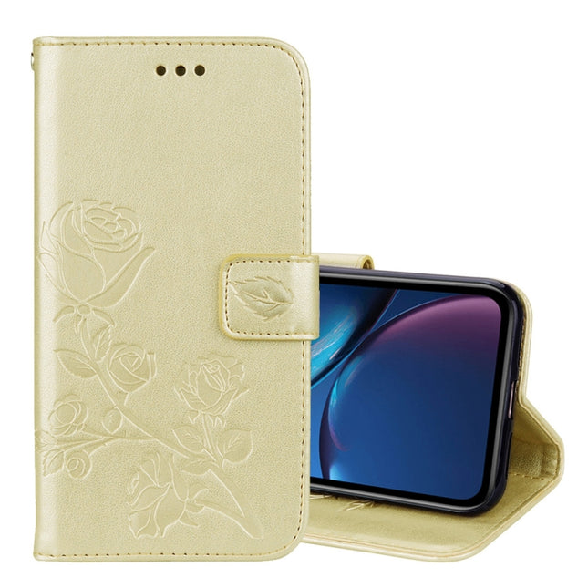 Rose Embossed Horizontal Flip PU Leather Case for iPhone XR, with Holder & Card Slots & Wallet (Gold)-garmade.com