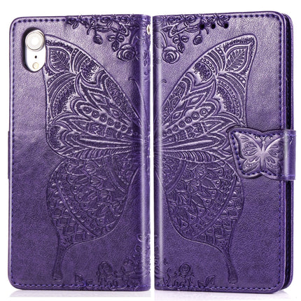 Butterfly Love Flowers Embossing Horizontal Flip Leather Case for iPhone XR, with Holder & Card Slots & Wallet & Lanyard (Dark Purple)-garmade.com