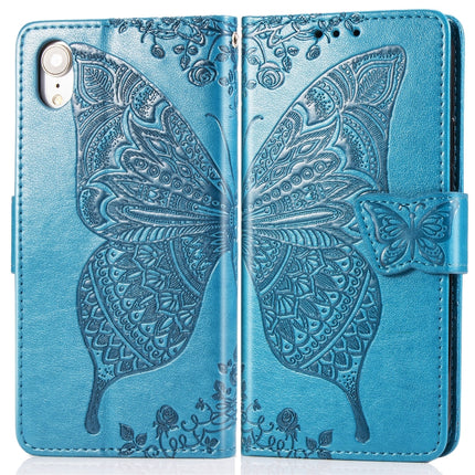 Butterfly Love Flowers Embossing Horizontal Flip Leather Case for iPhone XR, with Holder & Card Slots & Wallet & Lanyard (Blue)-garmade.com