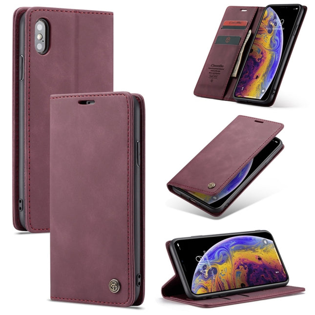 CaseMe-013 Multifunctional Retro Frosted Horizontal Flip Leather Case for iPhone X / XS, with Card Slot & Holder & Wallet(Wine Red)-garmade.com