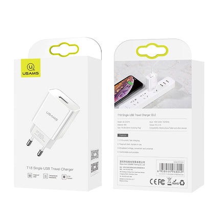 USAMS US-CC075 T18 2.1A Single USB Travel Charger, EU Plug (White)-garmade.com