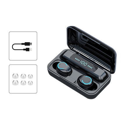 F9-9 TWS CVC8.0 Noise Cancelling Bluetooth Earphone with Charging Box, Support Touch Lighting Effect & Three-screen LED Power Display & Power Bank & Mobile Phone Holder & HD Call & Voice Assistant(Black)-garmade.com