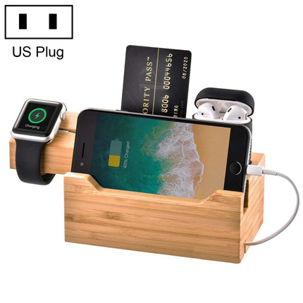 Multi-function Bamboo Charging Station Charger Stand Management Base with 3 USB Ports, For Apple Watch, AirPods, iPhone, US Plug-garmade.com