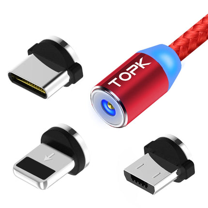 TOPK 1m 2.4A Max USB to 8 Pin + USB-C / Type-C + Micro USB Nylon Braided Magnetic Charging Cable with LED Indicator(Red)-garmade.com