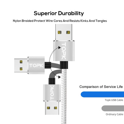 TOPK 1m 2.4A Max USB to 8 Pin + USB-C / Type-C + Micro USB Nylon Braided Magnetic Charging Cable with LED Indicator(Silver)-garmade.com