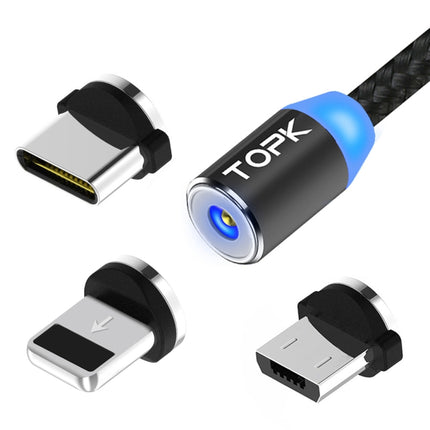 TOPK 2m 2.4A Max USB to 8 Pin + USB-C / Type-C + Micro USB Nylon Braided Magnetic Charging Cable with LED Indicator(Black)-garmade.com
