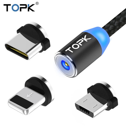 TOPK 2m 2.4A Max USB to 8 Pin + USB-C / Type-C + Micro USB Nylon Braided Magnetic Charging Cable with LED Indicator(Black)-garmade.com