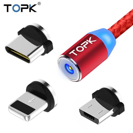 TOPK 2m 2.4A Max USB to 8 Pin + USB-C / Type-C + Micro USB Nylon Braided Magnetic Charging Cable with LED Indicator(Red)-garmade.com