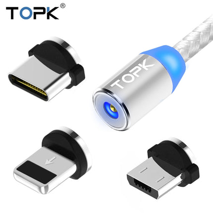 TOPK 2m 2.4A Max USB to 8 Pin + USB-C / Type-C + Micro USB Nylon Braided Magnetic Charging Cable with LED Indicator(Silver)-garmade.com
