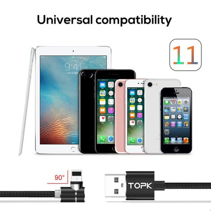 TOPK AM30 1m 2.4A Max USB to 8 Pin 90 Degree Elbow Magnetic Charging Cable with LED Indicator(Black)-garmade.com