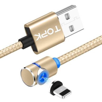 TOPK AM30 1m 2.4A Max USB to 8 Pin 90 Degree Elbow Magnetic Charging Cable with LED Indicator(Gold)-garmade.com