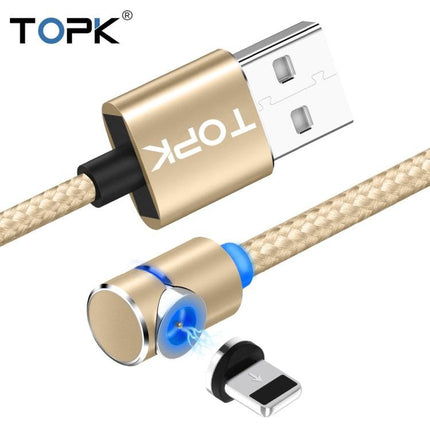 TOPK AM30 1m 2.4A Max USB to 8 Pin 90 Degree Elbow Magnetic Charging Cable with LED Indicator(Gold)-garmade.com