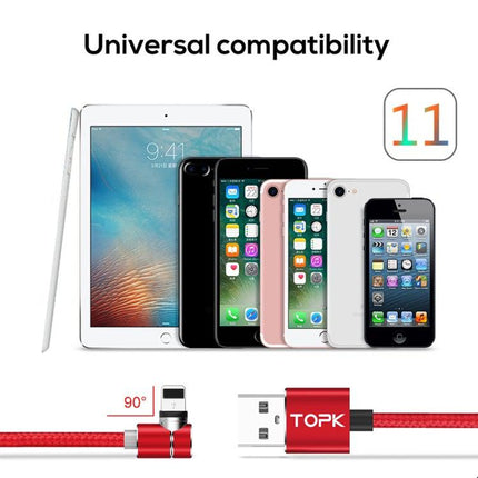 TOPK AM30 1m 2.4A Max USB to 8 Pin 90 Degree Elbow Magnetic Charging Cable with LED Indicator(Red)-garmade.com