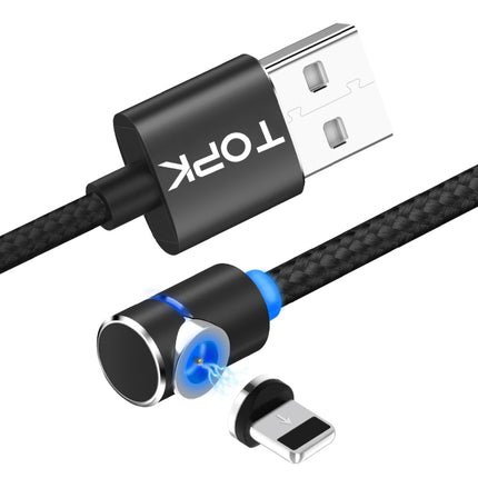 TOPK AM30 2m 2.4A Max USB to 8 Pin 90 Degree Elbow Magnetic Charging Cable with LED Indicator(Black)-garmade.com