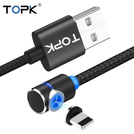 TOPK AM30 2m 2.4A Max USB to 8 Pin 90 Degree Elbow Magnetic Charging Cable with LED Indicator(Black)-garmade.com