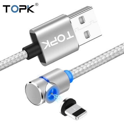 TOPK AM30 2m 2.4A Max USB to 8 Pin 90 Degree Elbow Magnetic Charging Cable with LED Indicator(Silver)-garmade.com