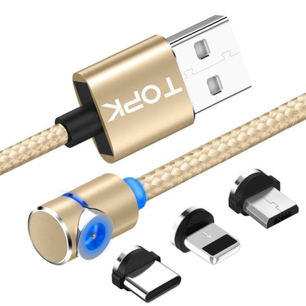 TOPK AM30 1m 2.4A Max USB to 8 Pin + USB-C / Type-C + Micro USB 90 Degree Elbow Magnetic Charging Cable with LED Indicator(Gold)-garmade.com