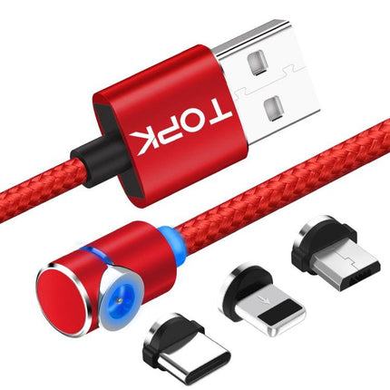 TOPK AM30 1m 2.4A Max USB to 8 Pin + USB-C / Type-C + Micro USB 90 Degree Elbow Magnetic Charging Cable with LED Indicator(Red)-garmade.com