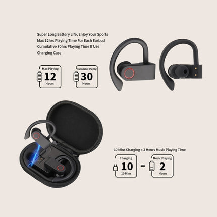 JHO-A9 TWS Wireless Hanging Ear Type Bluetooth Earphone with Charging + Storage Integrated Zipper Bag, Support Voice Control(Black)-garmade.com