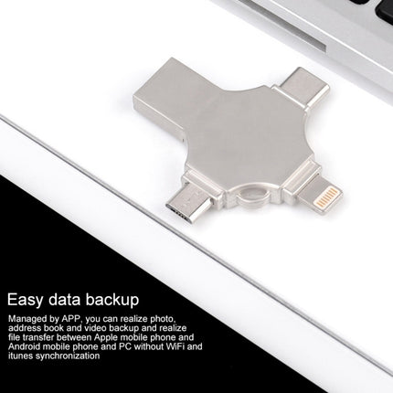 Cross 4 in 1 128GB 8 Pin + Micro USB + USB-C / Type-C + USB 3.0 Metal Flash Disk(Silver)-garmade.com