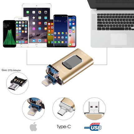 Richwell 3 in 1 16G Type-C + 8 Pin + USB 3.0 Metal Push-pull Flash Disk with OTG Function(Gold)-garmade.com
