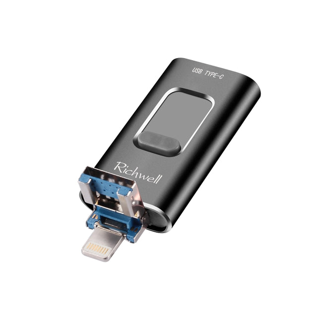 Richwell 3 in 1 32G Type-C + 8 Pin + USB 3.0 Metal Push-pull Flash Disk with OTG Function(Black)-garmade.com