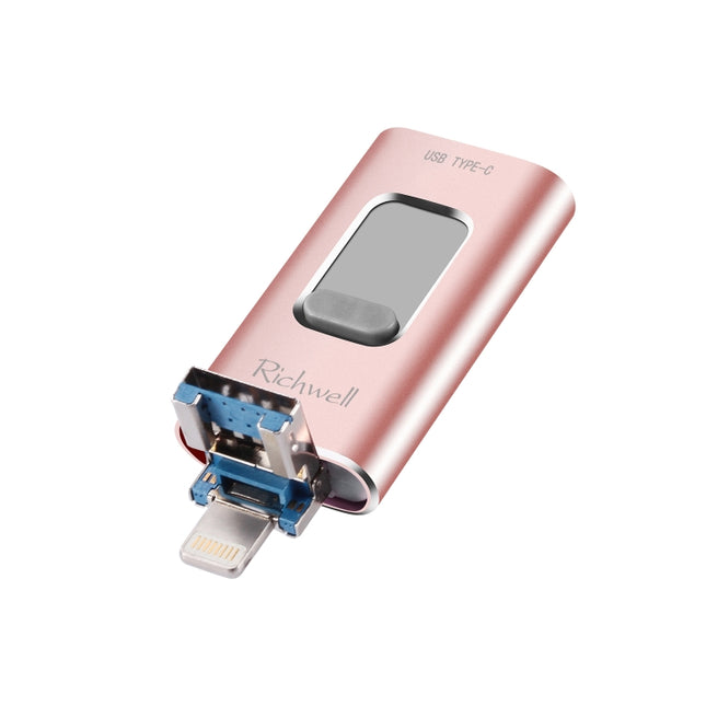 Richwell 3 in 1 32G Type-C + 8 Pin + USB 3.0 Metal Push-pull Flash Disk with OTG Function(Rose Gold)-garmade.com