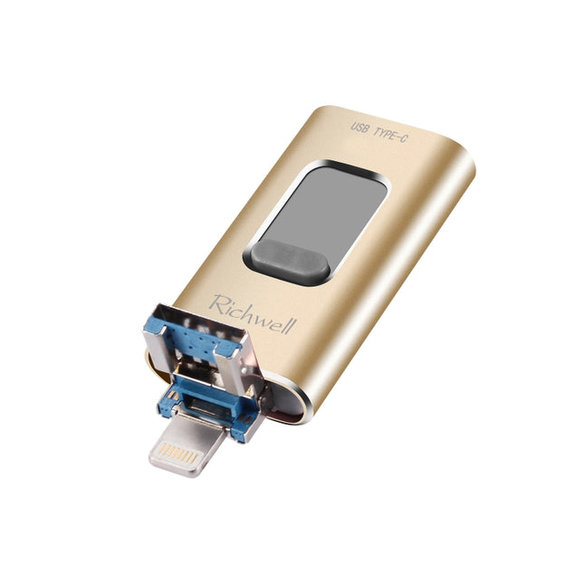 Richwell 3 in 1 64G Type-C + 8 Pin + USB 3.0 Metal Push-pull Flash Disk with OTG Function(Gold)-garmade.com