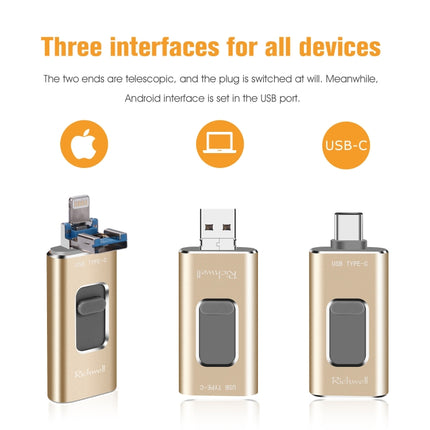 Richwell 3 in 1 64G Type-C + 8 Pin + USB 3.0 Metal Push-pull Flash Disk with OTG Function(Gold)-garmade.com