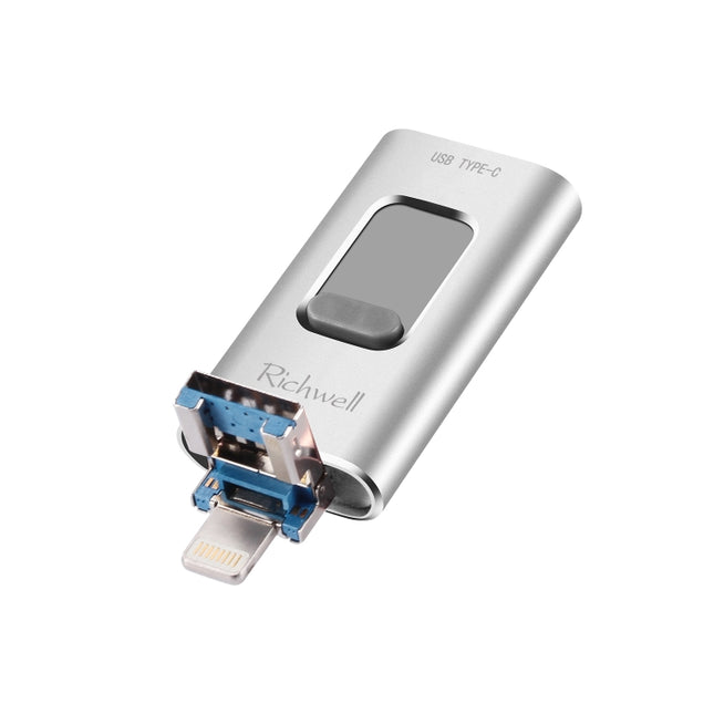 Richwell 3 in 1 64G Type-C + 8 Pin + USB 3.0 Metal Push-pull Flash Disk with OTG Function(Silver)-garmade.com
