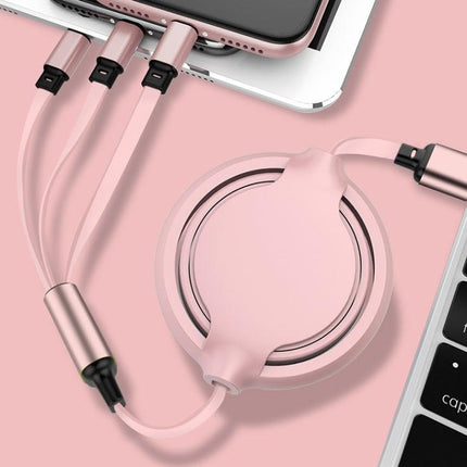 3.5A Liquid Silicone 3 in 1 USB to USB-C / Type-C + 8Pin + Micro USB Retractable Data Syn Charging Cable (Pink)-garmade.com