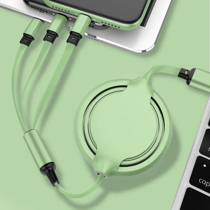 3.5A Liquid Silicone 3 in 1 USB to USB-C / Type-C + 8Pin + Micro USB Retractable Data Syn Charging Cable (Green)-garmade.com