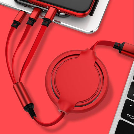 3.5A Liquid Silicone 3 in 1 USB to USB-C / Type-C + 8Pin + Micro USB Retractable Data Syn Charging Cable (Red)-garmade.com