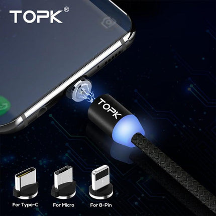 TOPK AM23 1m 2.1A Output USB to 8 Pin + USB-C / Type-C + Micro USB Mesh Braided Magnetic Charging Cable with LED Indicator(Black)-garmade.com
