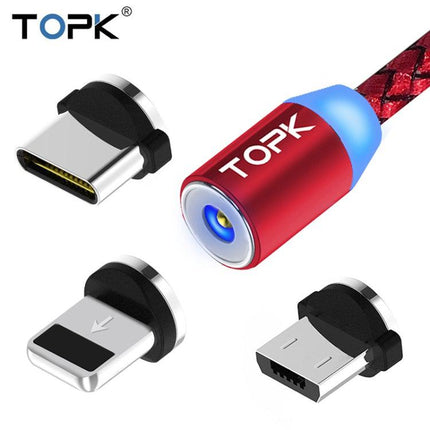 TOPK AM23 1m 2.1A Output USB to 8 Pin + USB-C / Type-C + Micro USB Mesh Braided Magnetic Charging Cable with LED Indicator(Red)-garmade.com