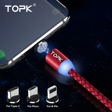 TOPK AM23 1m 2.1A Output USB to 8 Pin + USB-C / Type-C + Micro USB Mesh Braided Magnetic Charging Cable with LED Indicator(Red)-garmade.com