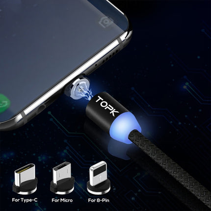 TOPK AM23 2m 2.1A Output USB to 8 Pin + USB-C / Type-C + Micro USB Mesh Braided Magnetic Charging Cable with LED Indicator(Black)-garmade.com