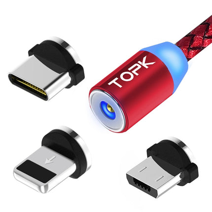 TOPK AM23 2m 2.1A Output USB to 8 Pin + USB-C / Type-C + Micro USB Mesh Braided Magnetic Charging Cable with LED Indicator(Red)-garmade.com