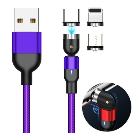 2m 2A Output 3 in 1 USB to 8 Pin + USB-C / Type-C + Micro USB Nylon Braided Rotate Magnetic Charging Cable (Purple)-garmade.com