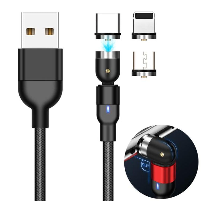1m 2A Output 3 in 1 USB to 8 Pin + USB-C / Type-C + Micro USB Nylon Braided Rotate Magnetic Charging Cable (Black)-garmade.com