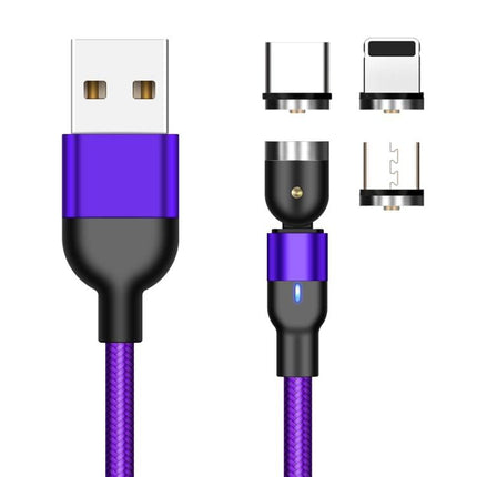 1m 2A Output 3 in 1 USB to 8 Pin + USB-C / Type-C + Micro USB Nylon Braided Rotate Magnetic Charging Cable (Purple)-garmade.com